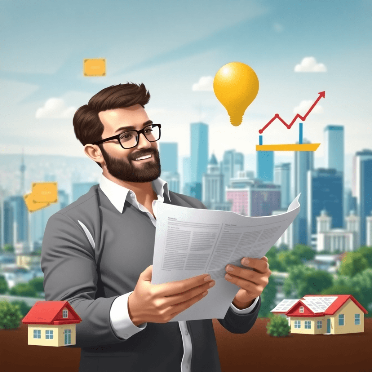 A confident investor studying property laws and tax documents, surrounded by real estate symbols like houses and graphs, with a bustling city skyline in the background.