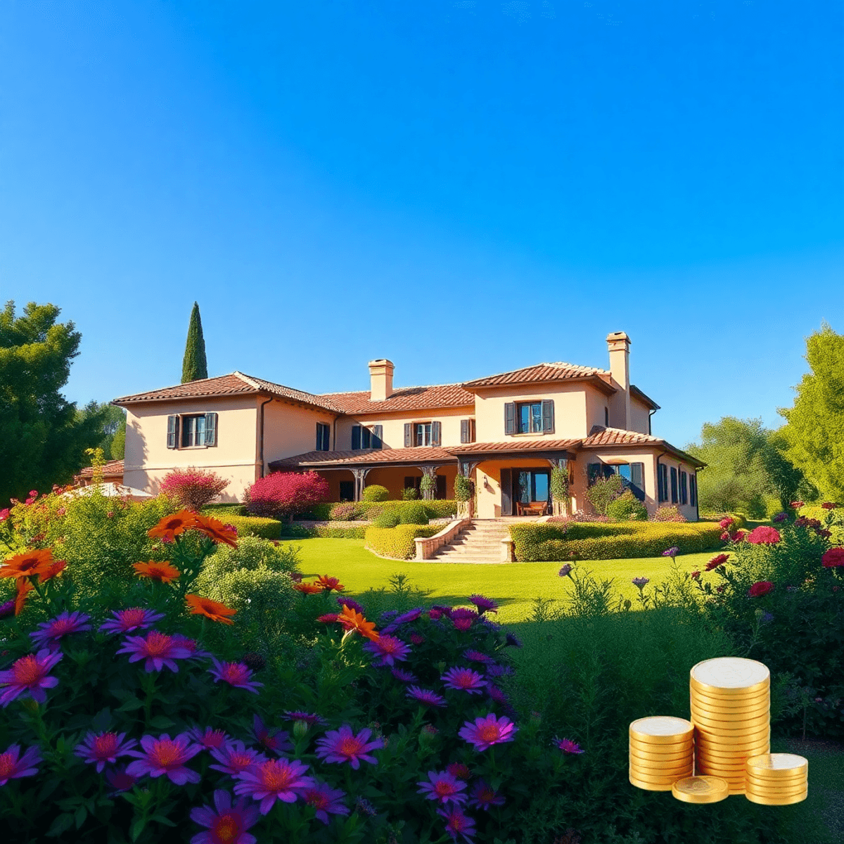 A scenic Spanish villa amidst lush greenery and colorful flowers, with a clear blue sky, subtly featuring a stack of coins and a calculator for financial planning.