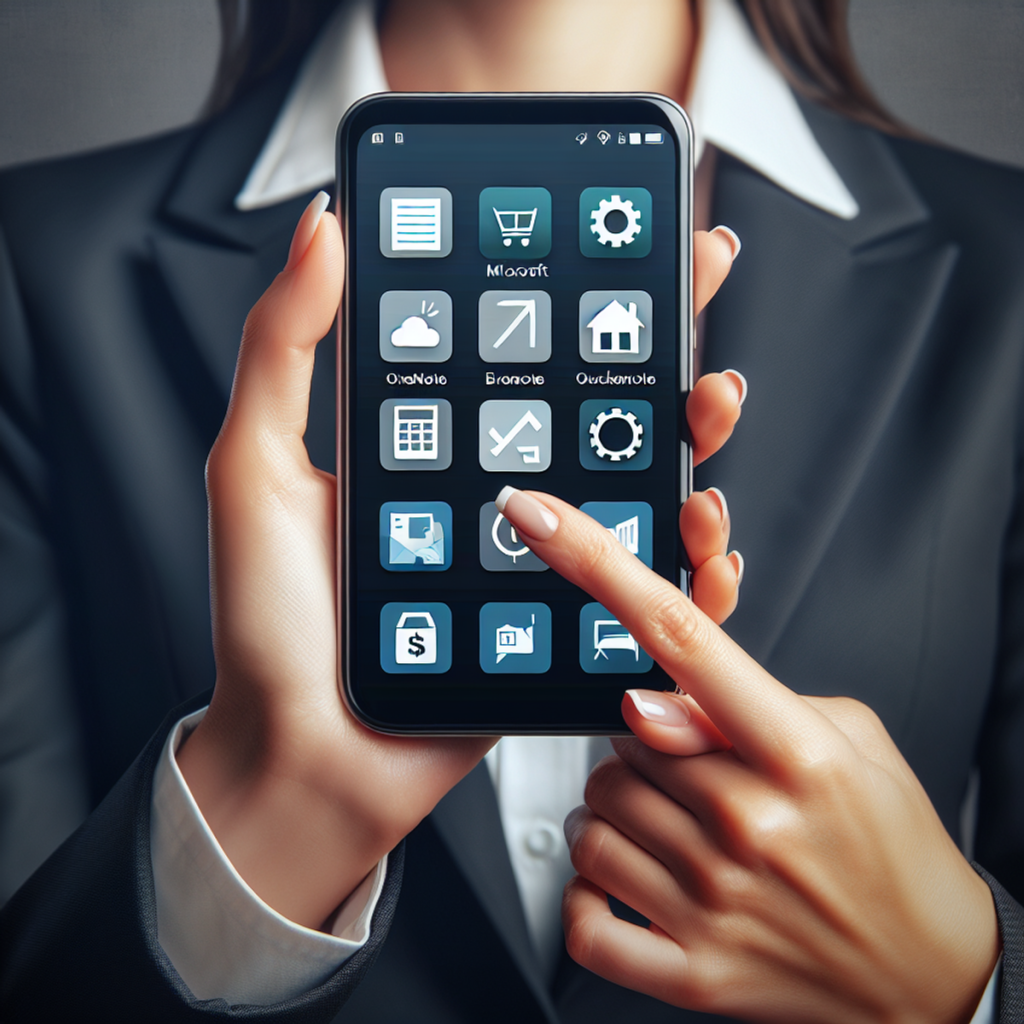 A female real estate agent holding a smartphone with real estate-related app icons on the screen.