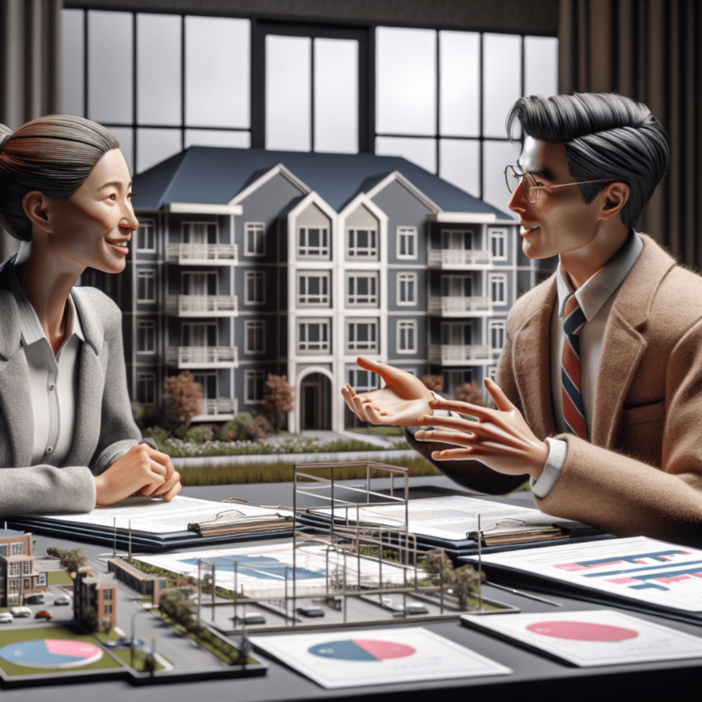 A Caucasian woman and an Asian man, both property managers, are animatedly discussing around a cluttered table filled with property maintenance docume