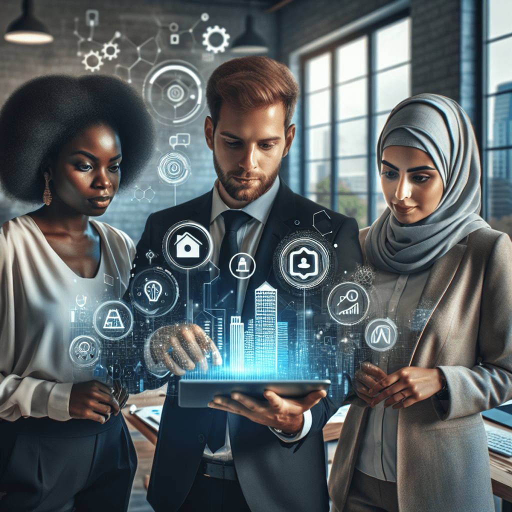 A diverse group of professionals in a modern office setting, featuring a Black woman, a Hispanic man, and a Middle-Eastern woman, all focused on a dig