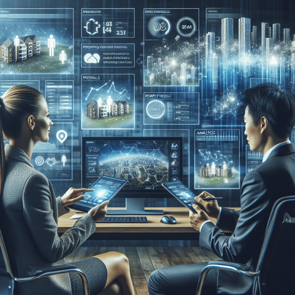 A Caucasian female and an East Asian male are seated at a sleek, modern conference table, both focused on their digital devices. The female is typing