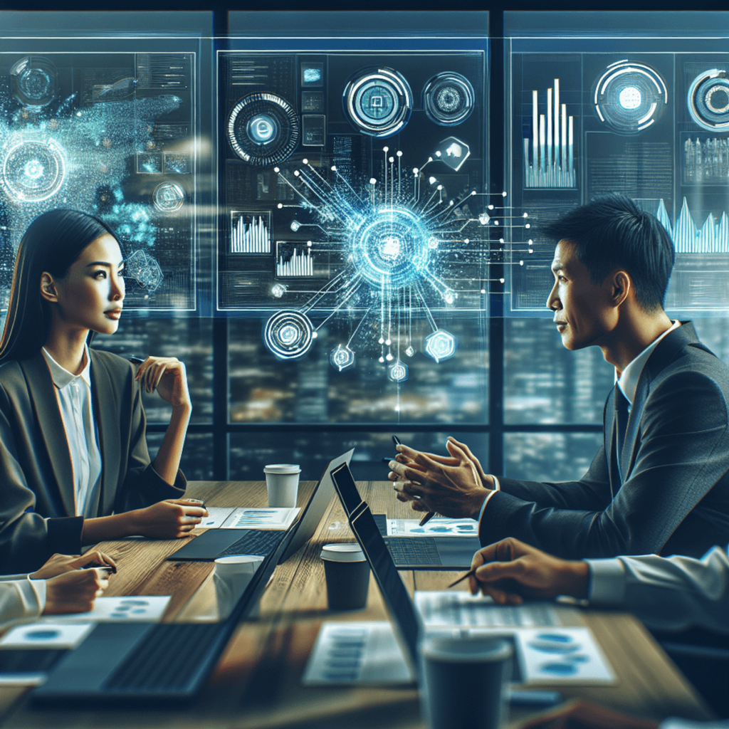 A Caucasian woman and an Asian man are engaged in a focused discussion in a modern office, surrounded by digital screens displaying glowing charts and