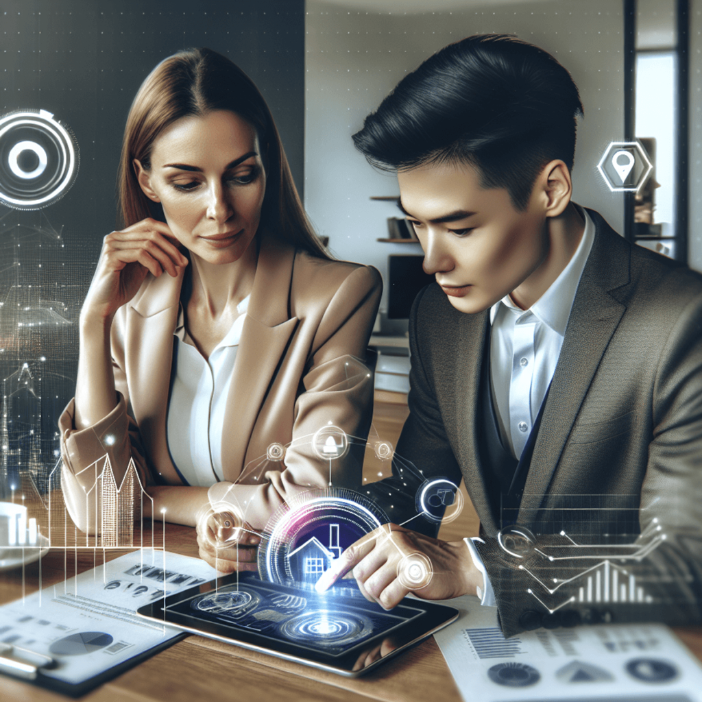 A Caucasian woman and an Asian man engaged in a serious discussion over a digital tablet displaying real estate analytics, surrounded by modern techno