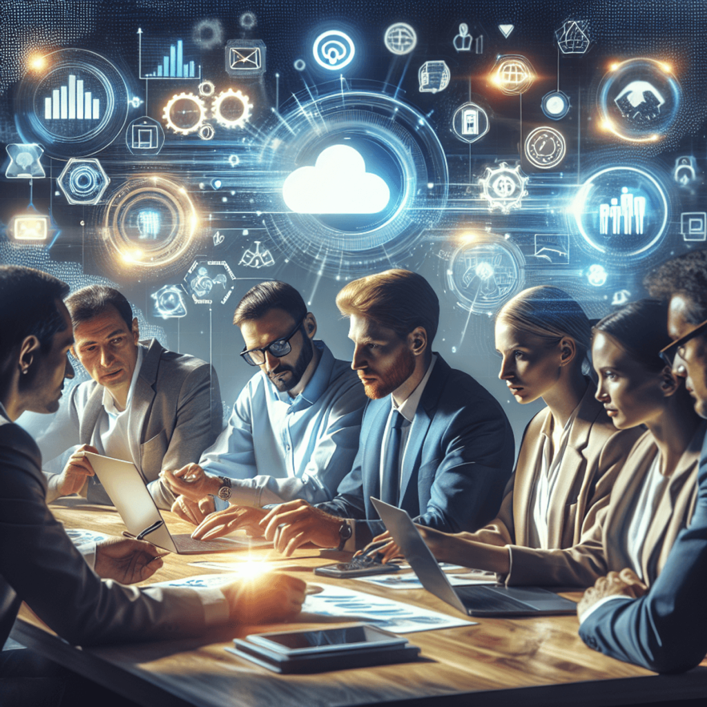 A diverse group of property managers and landlords, including a Caucasian woman and an Asian man, are gathered around a laptop in a modern office sett