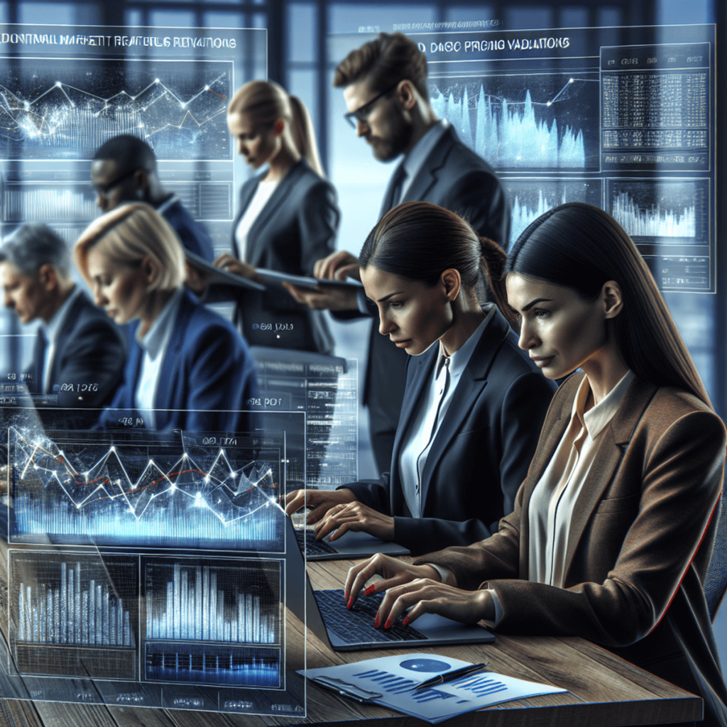 A diverse group of property managers, including a Caucasian woman and an Asian man, focused on their laptops in a modern office, surrounded by screens