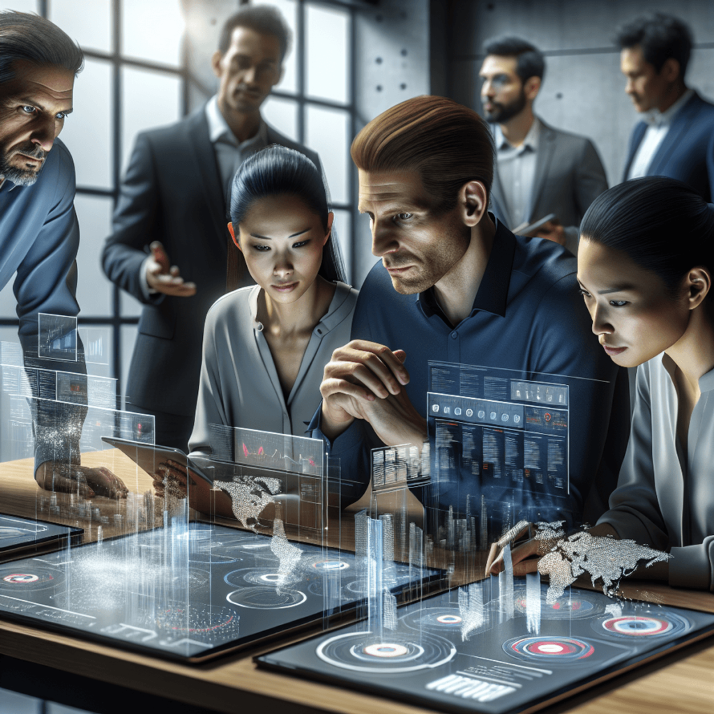 A diverse group of real estate professionals, including a Caucasian man, an Asian woman, and a Hispanic man, engaged in a focused discussion around di