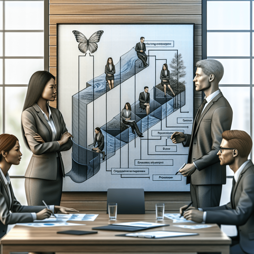 A diverse group of three professionals, an Asian woman, a Caucasian man, and a Hispanic woman, are engaged in a project management meeting in a modern