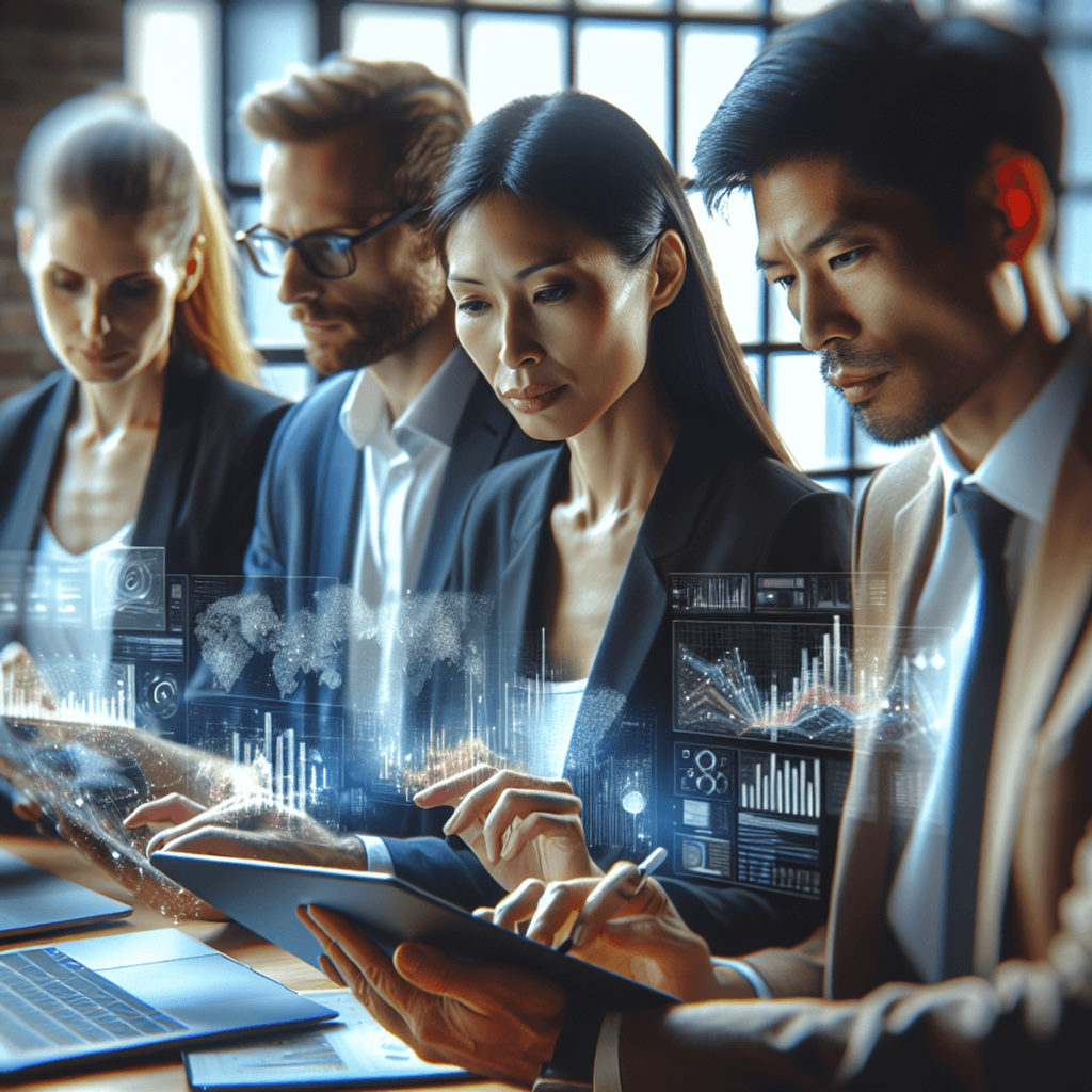 A diverse group of three professionals in a sleek, modern office: a Caucasian woman with short brown hair, an Asian man wearing glasses, and a Hispani