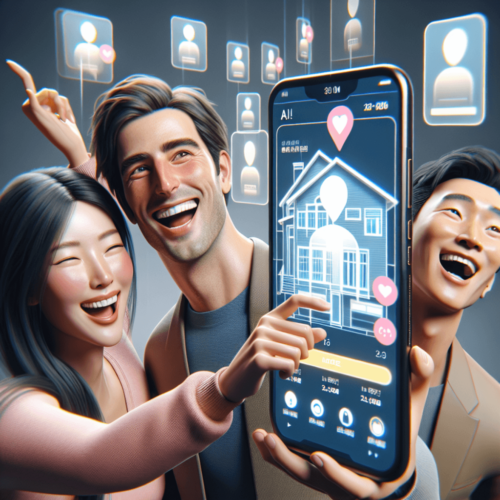 A group of diverse individuals, including a smiling Caucasian man and an Asian woman, joyfully exploring property listings on a smartphone. The screen