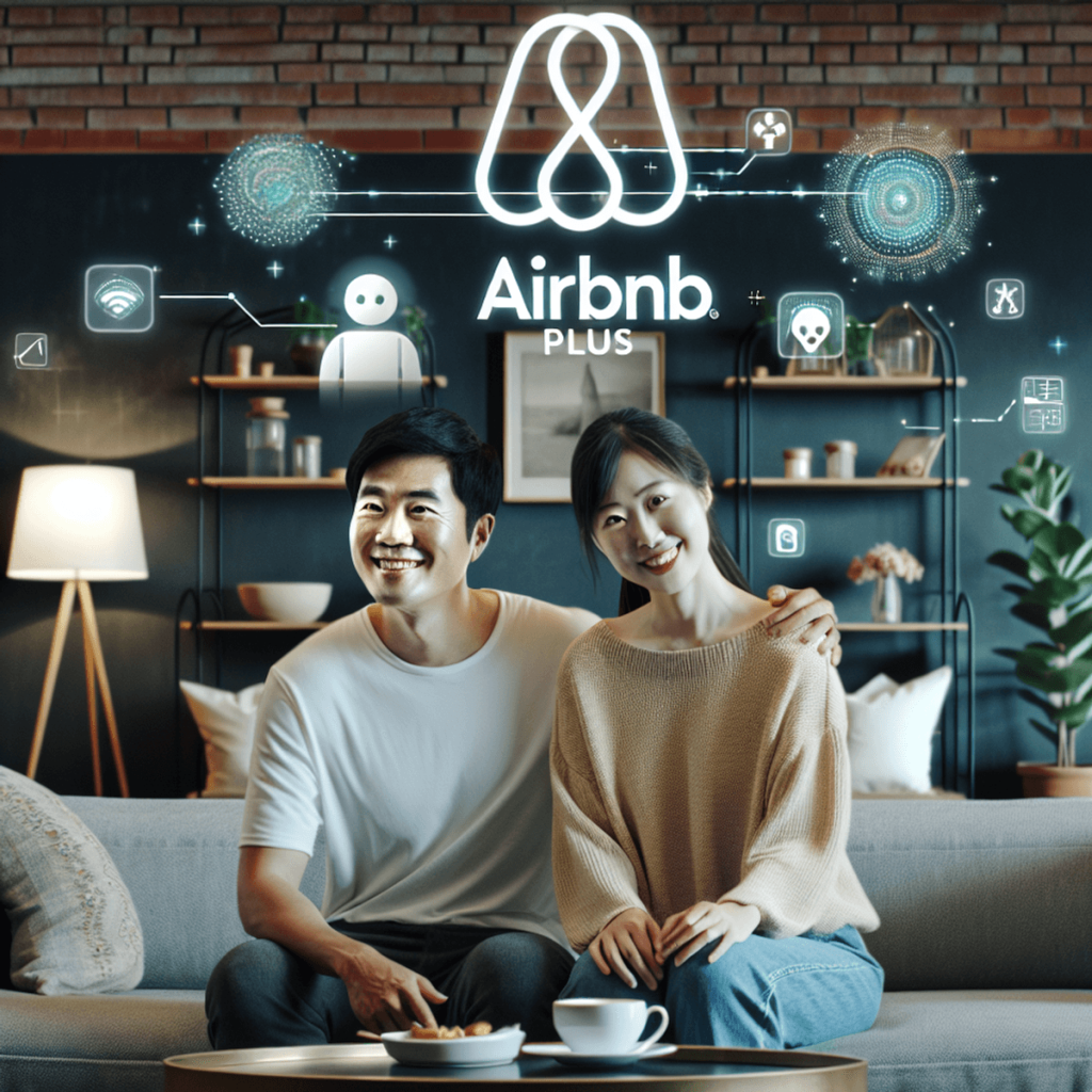 A stylish Airbnb Plus home interior featuring modern furnishings, soft ambient lighting, and tasteful decor. An Asian couple is comfortably seated on