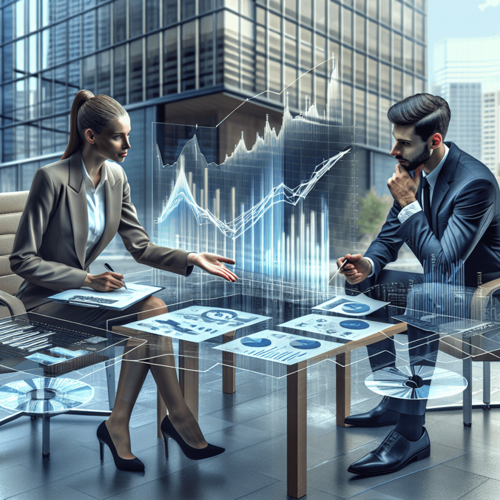 A Caucasian female investor and a Hispanic male investor are standing in front of a sleek, modern building, engaged in a focused discussion about prop