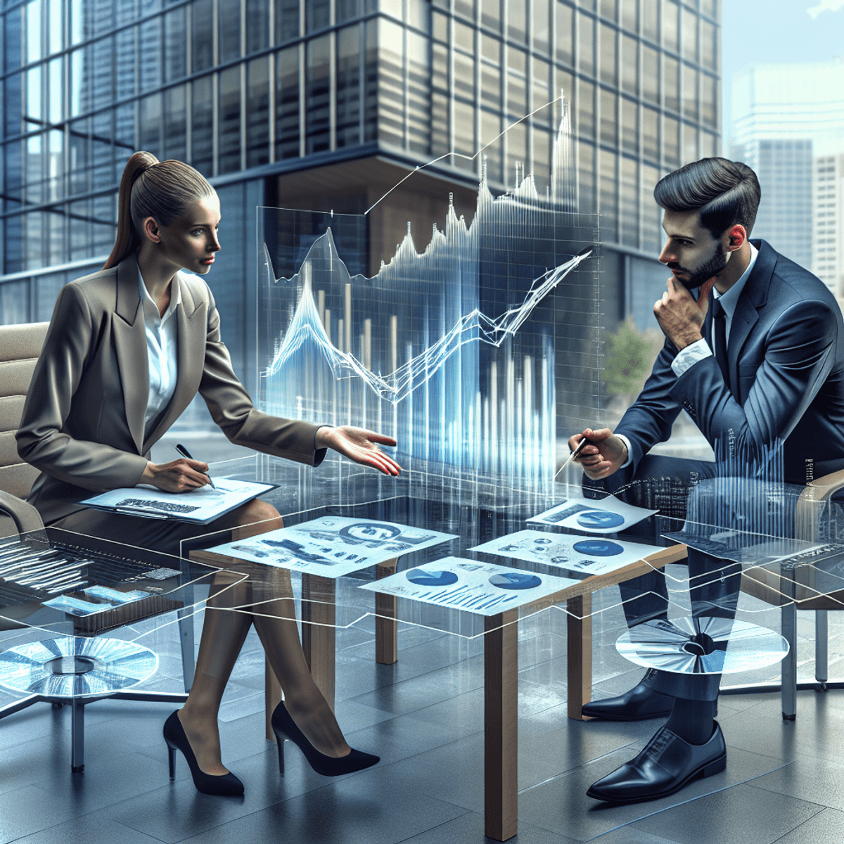 A Caucasian female investor and a Hispanic male investor are standing in front of a sleek, modern building, engaged in a focused discussion about prop