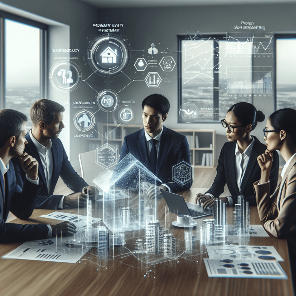 A Caucasian male and an Asian female are engaged in a discussion at a modern office table, surrounded by charts and graphs related to real estate metr