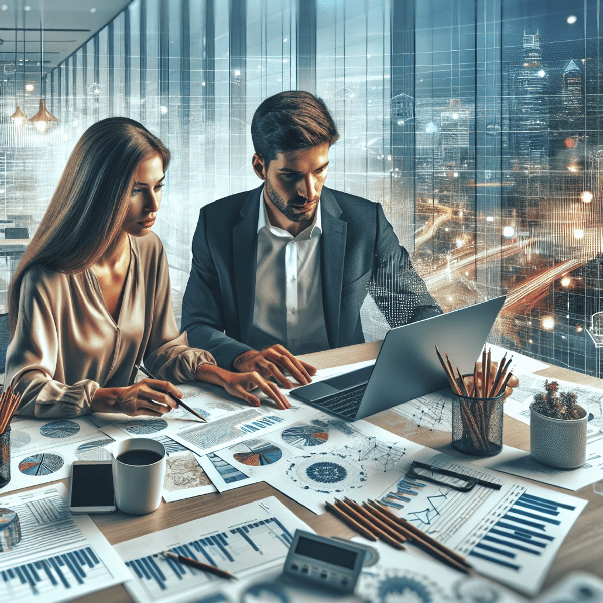 A Caucasian woman and a Hispanic man are seated at a modern office table, deeply engaged in an investment discussion, both focused on their laptops. T