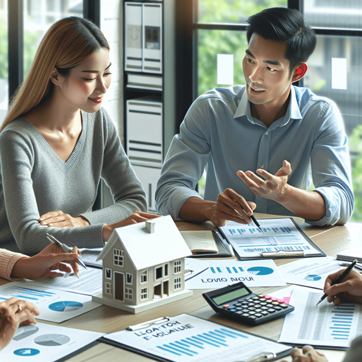 A Caucasian woman and an East Asian man are engaged in a focused discussion at a table cluttered with various real estate documents. In the foreground