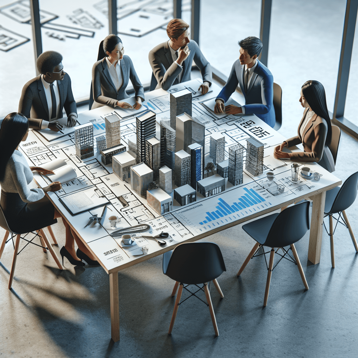 A diverse group of professionals, including an Asian female architect, a Middle-Eastern male real estate manager, a Black female civil engineer, an...