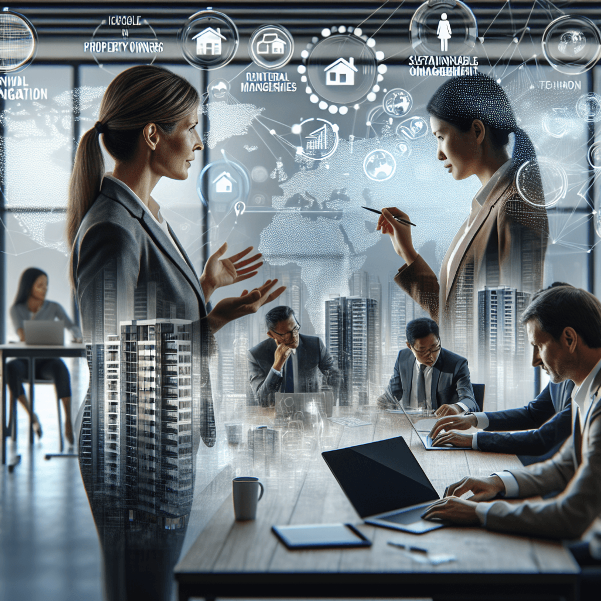 A diverse group of property owners, including a Caucasian woman and an Asian man, engaged in a collaborative discussion in a high-tech modern office.