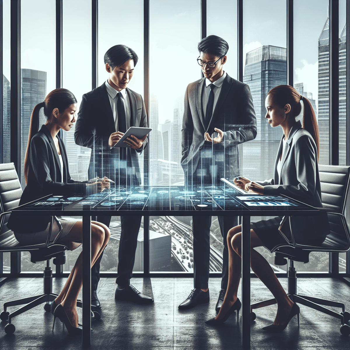 A hyper-realistic image of a modern office collaborative setting, featuring an Asian man and a Caucasian woman engaged in a discussion about innovativ