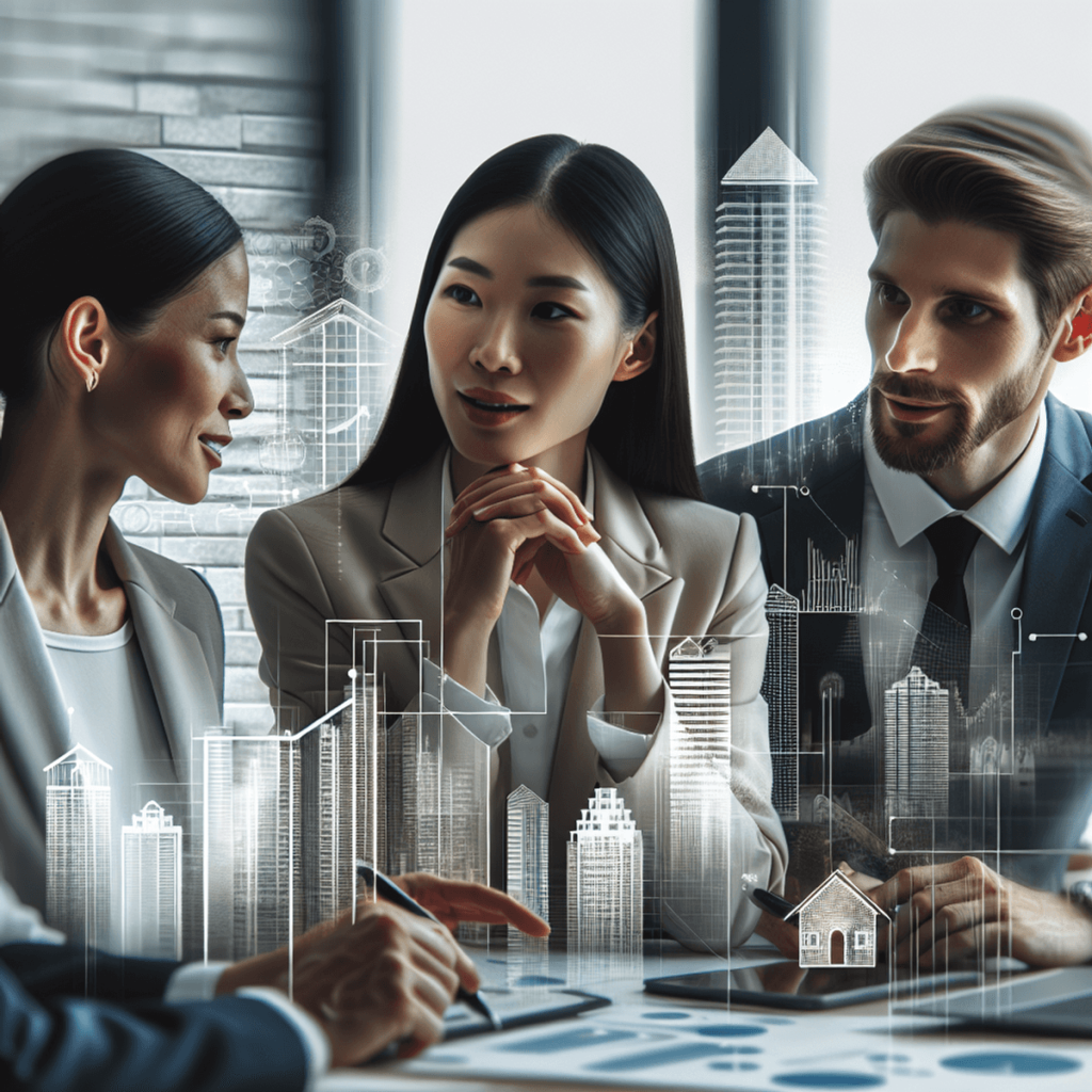 A multi-cultural team of accounting professionals engaged in a focused conversation about real estate leasing, featuring a Caucasian woman, an Asian m