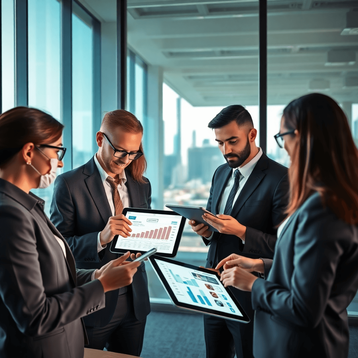 A diverse group of business professionals in a modern office, analyzing commercial real estate data on tablets and laptops, with graphs and charts ...