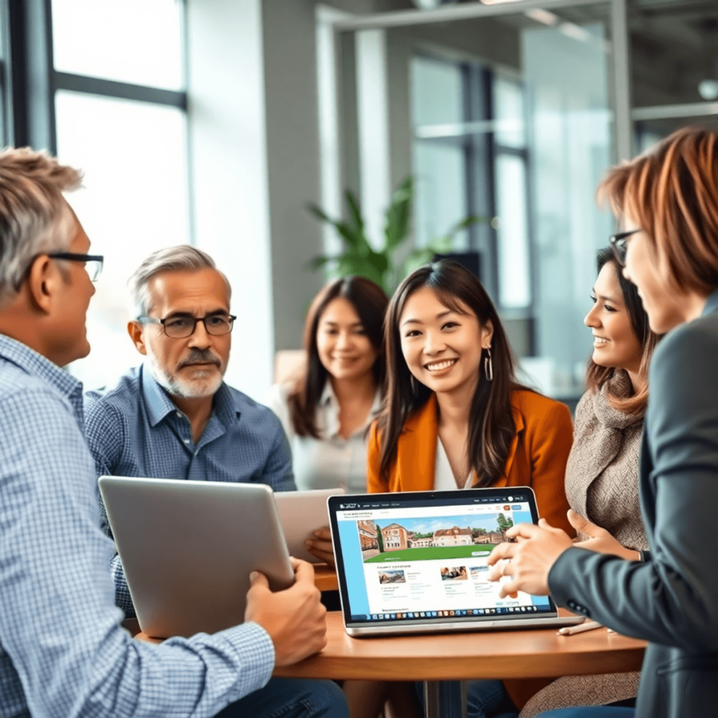 A diverse group of people in a modern office engaged in a lively discussion about real estate, with a laptop showing property listings in the backg...