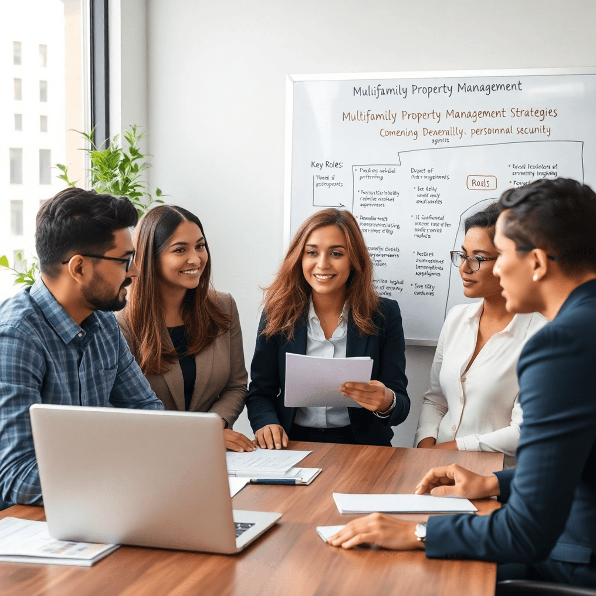 A diverse group of professionals in a modern office, collaborating over property management strategies with documents, a laptop showcasing AI, and ...