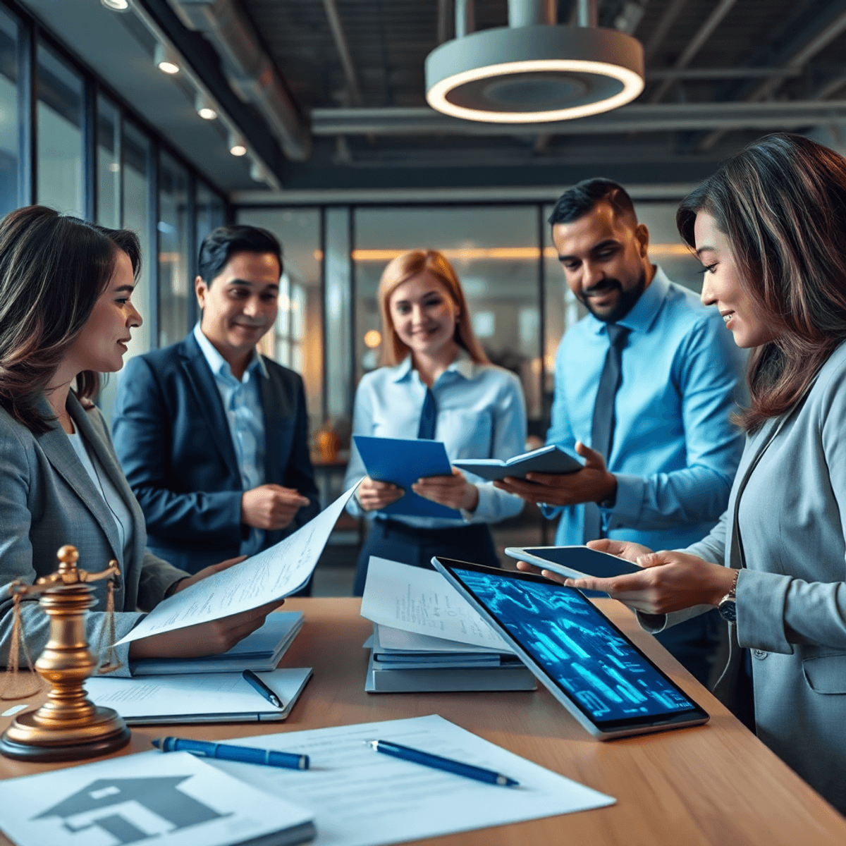 A group of professionals discuss a property transaction in a modern office, surrounded by documents and digital devices, emphasizing AI technology ...