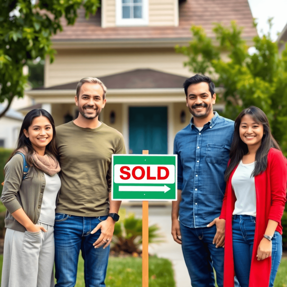 A joyful group of first-time homebuyers stands in front of a charming house with a 'Sold' sign, radiating excitement and confidence about their new...