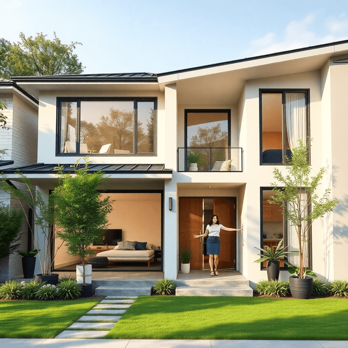 A modern house with a welcoming entrance, featuring two distinct living spaces. Contemporary architecture surrounded by greenery symbolizes family ...