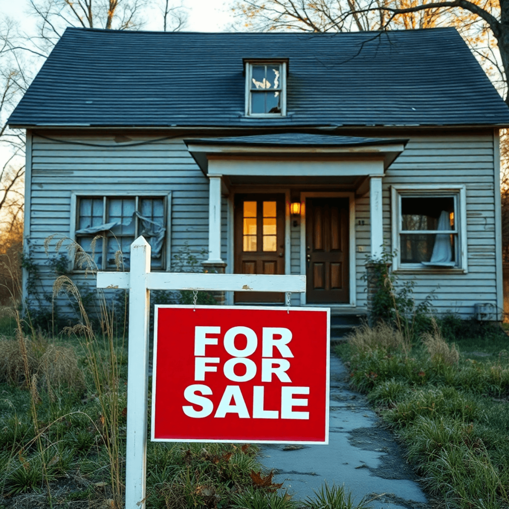 A distressed house with peeling paint and broken windows, featuring a "For Sale" sign. Overgrown weeds surround the yard, illuminated by warm light...