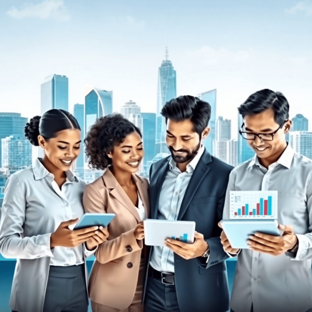 A group of professionals analyzing property data on digital devices, with a city skyline in the background, featuring charts and graphs representin...