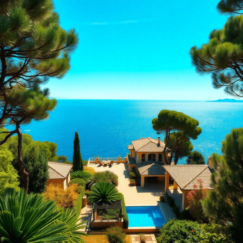 A luxurious villa in Mallorca surrounded by lush greenery, with the sparkling Mediterranean Sea in the background, showcasing the vibrant lifestyle...