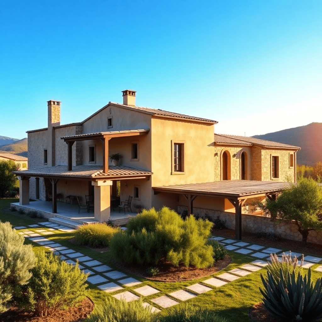 A modern Spanish farmhouse with rustic and contemporary design, surrounded by lush greenery and a bright sky, showcasing the charm of Mallorca's la...