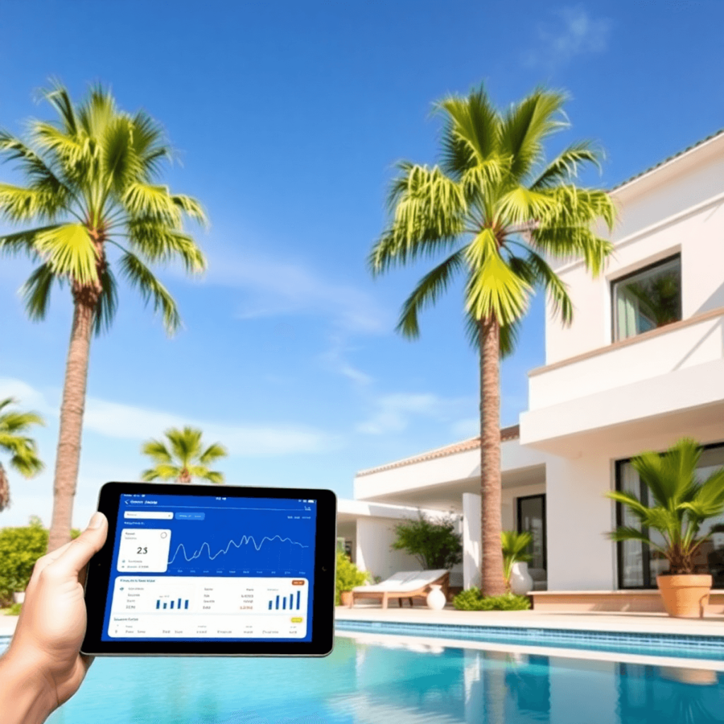 A modern Spanish villa under a clear blue sky, surrounded by palm trees, with a digital tablet showing data analytics on a table, symbolizing real ...