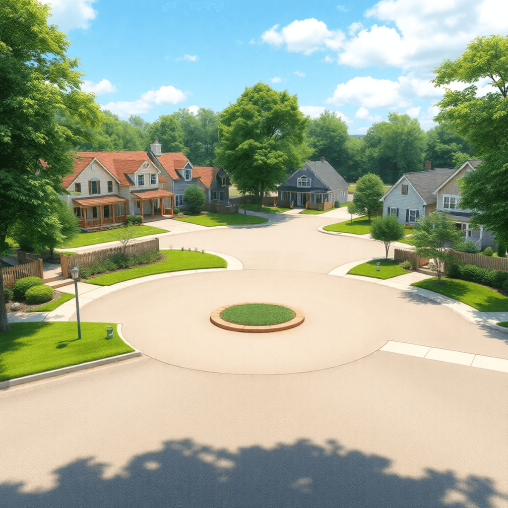 A peaceful cul-de-sac with a circular turnaround, surrounded by charming homes and greenery, reflecting a sense of community and outdoor playfulness.