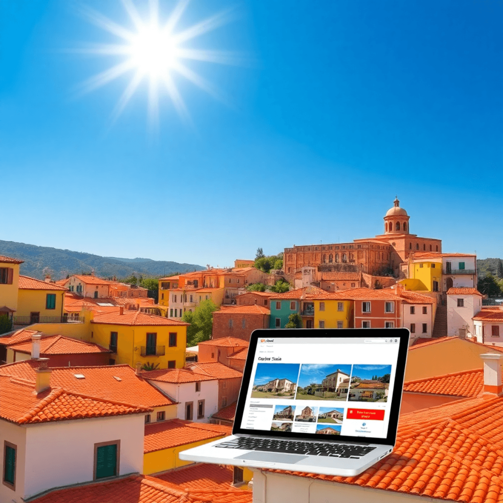 A picturesque Spanish landscape with colorful buildings, terracotta rooftops, and bright sunshine, featuring "For Sale" signs and a laptop displayi...