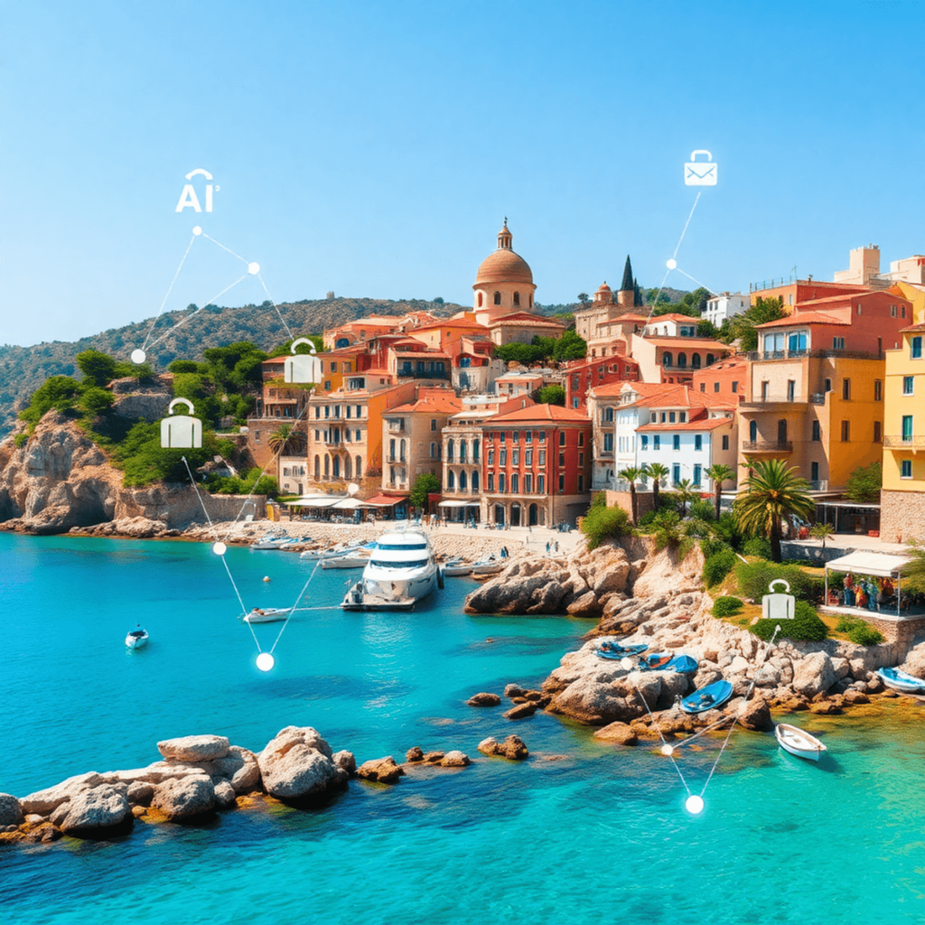 A picturesque view of Mallorca with Mediterranean architecture and coastal scenery, featuring subtle digital interfaces and AI icons, symbolizing r...