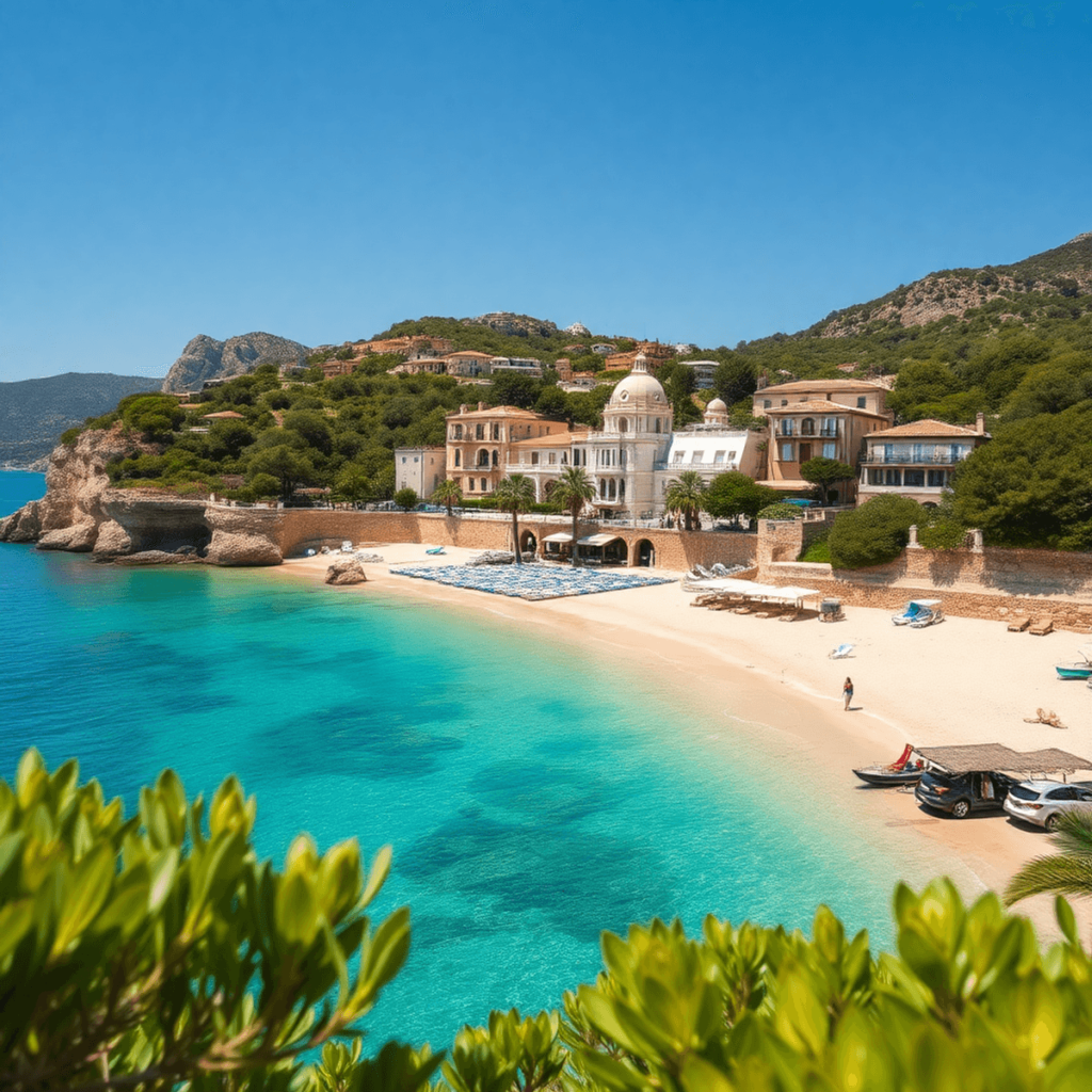 A scenic view of Mallorca showcasing crystal-clear beaches, lush greenery, luxury villas, and charming townhouses, embodying the allure of Mediterr...