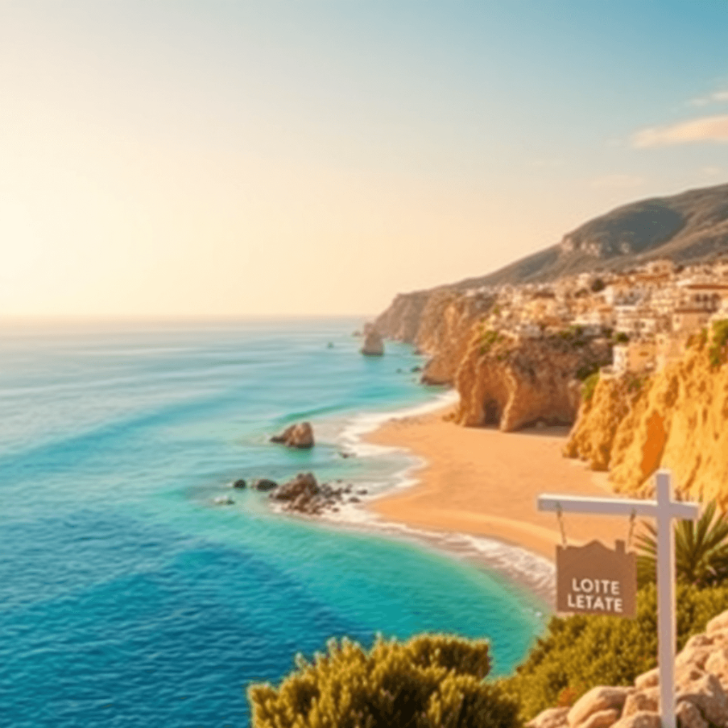 A scenic view of the Spanish coastline with sunlit beaches, blue waters, and a clear sky, featuring a "For Sale" sign and a small house silhouette ...