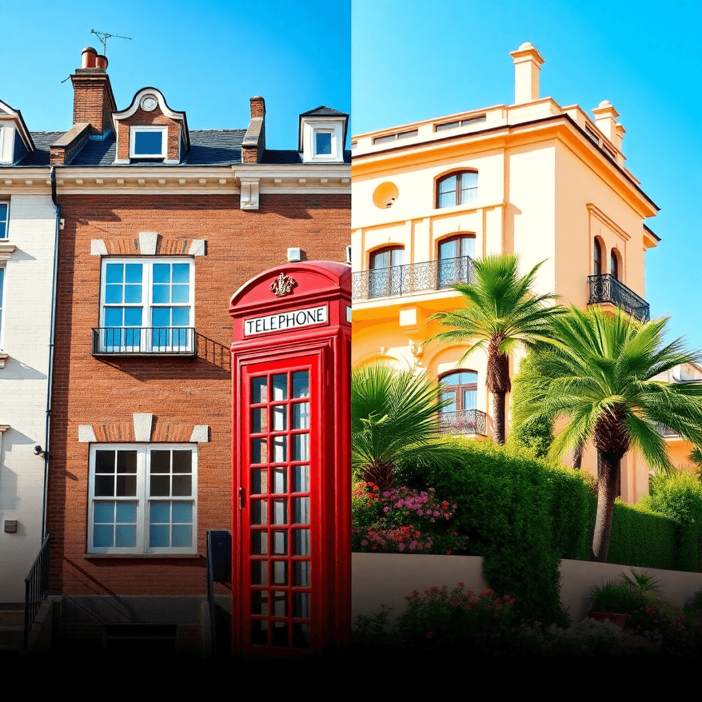 A split image showing a classic British townhouse with a red telephone booth on one side and a sunny Spanish villa surrounded by palm trees on the ...