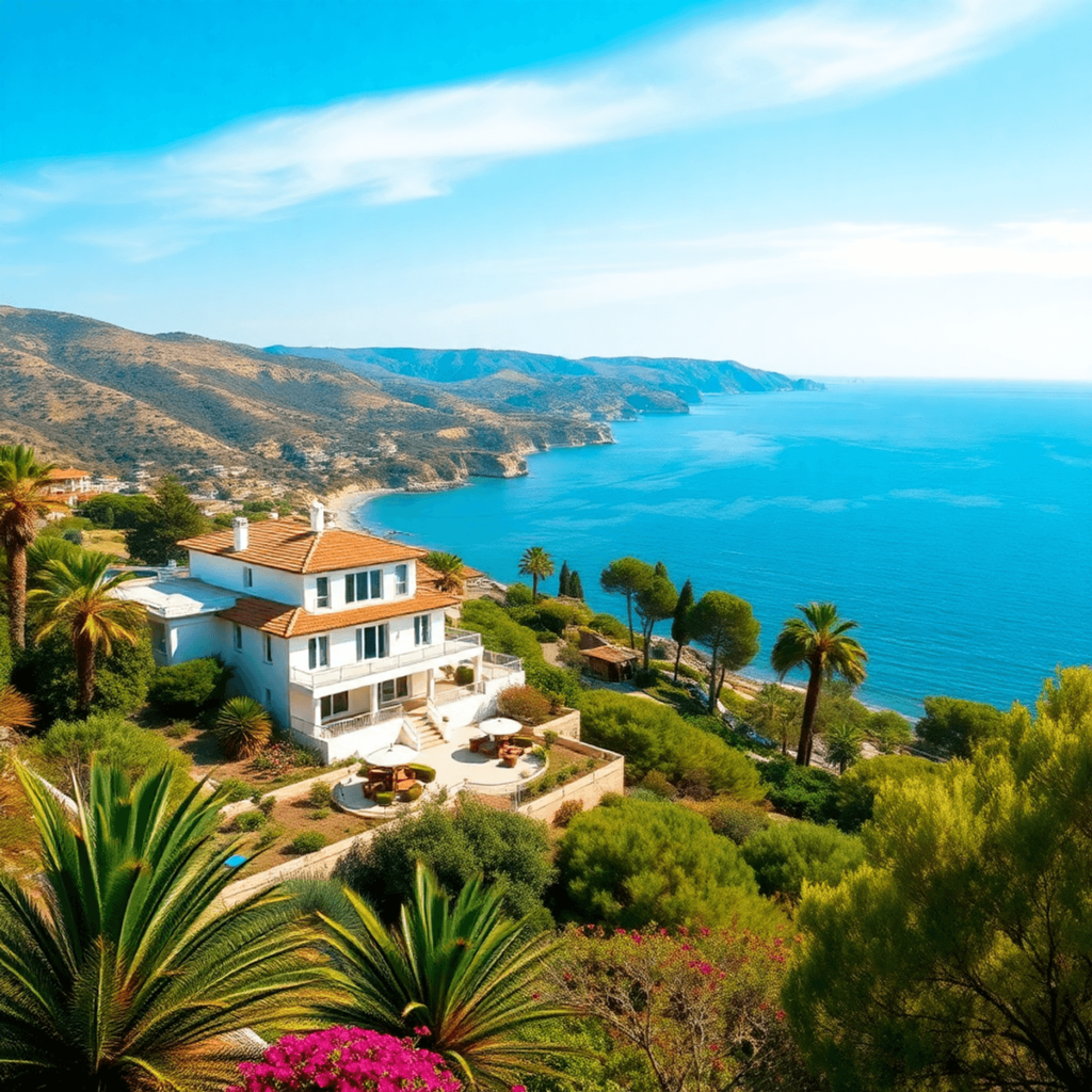 A stunning coastal view in Spain featuring a luxurious villa and sea-view apartment, surrounded by lush greenery under a clear blue sky, highlighti...