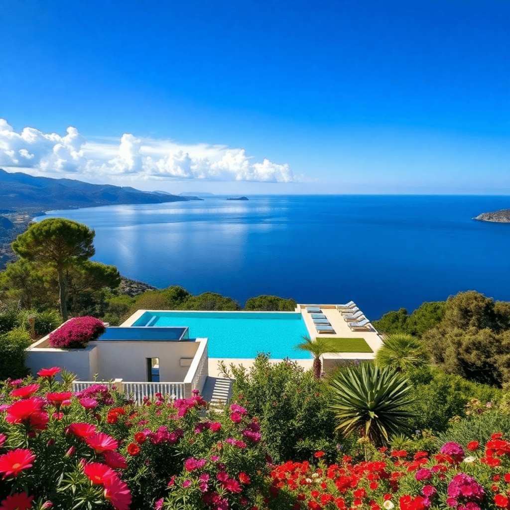 A stunning villa in Mallorca with panoramic sea views, surrounded by lush greenery and vibrant flowers, embodying the essence of paradise living.