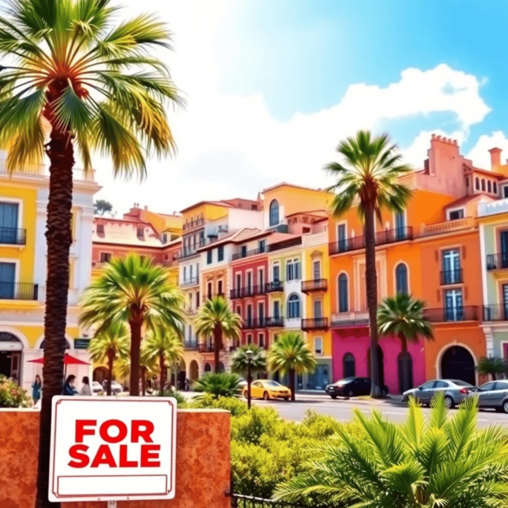 A sunny Spanish cityscape with colorful buildings, palm trees, and a "For Sale" sign in the foreground, conveying charm and investment opportunity.