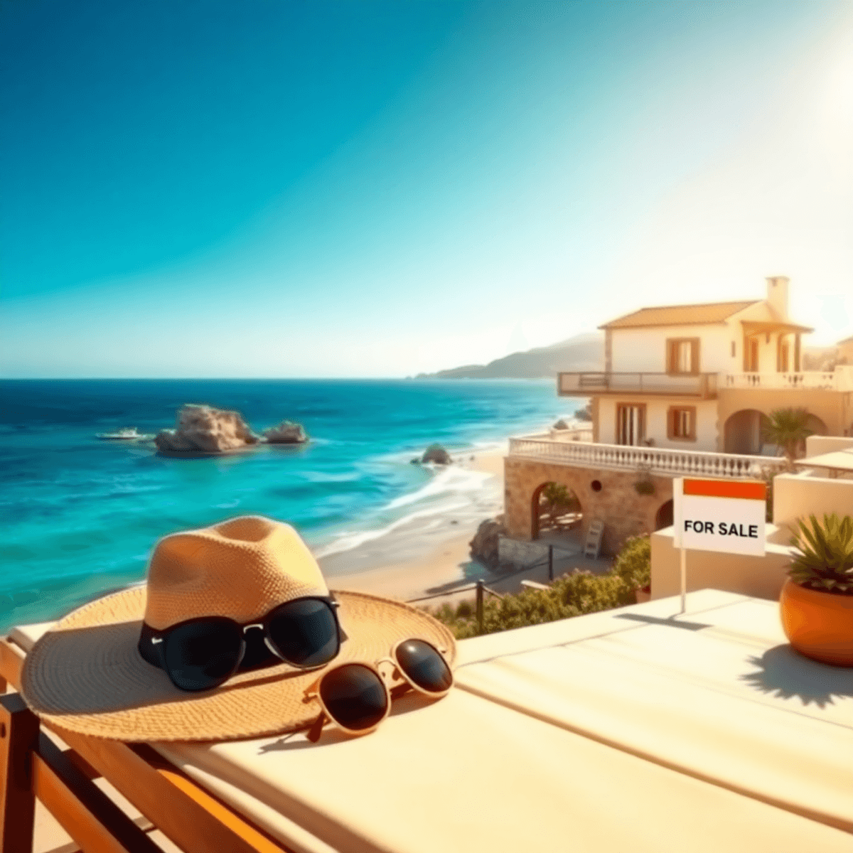 A sunny Spanish coastline with a Mediterranean villa, a lounge chair with a sun hat and sunglasses, and a "For Sale" sign, evoking relaxation and o...