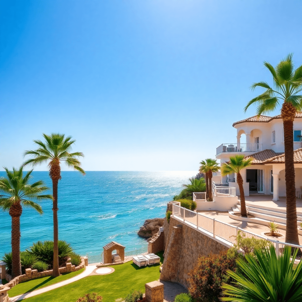 A sunny Spanish coastline with luxurious villas, palm trees, a clear blue sky, and shimmering sea, showcasing the allure of real estate investment ...