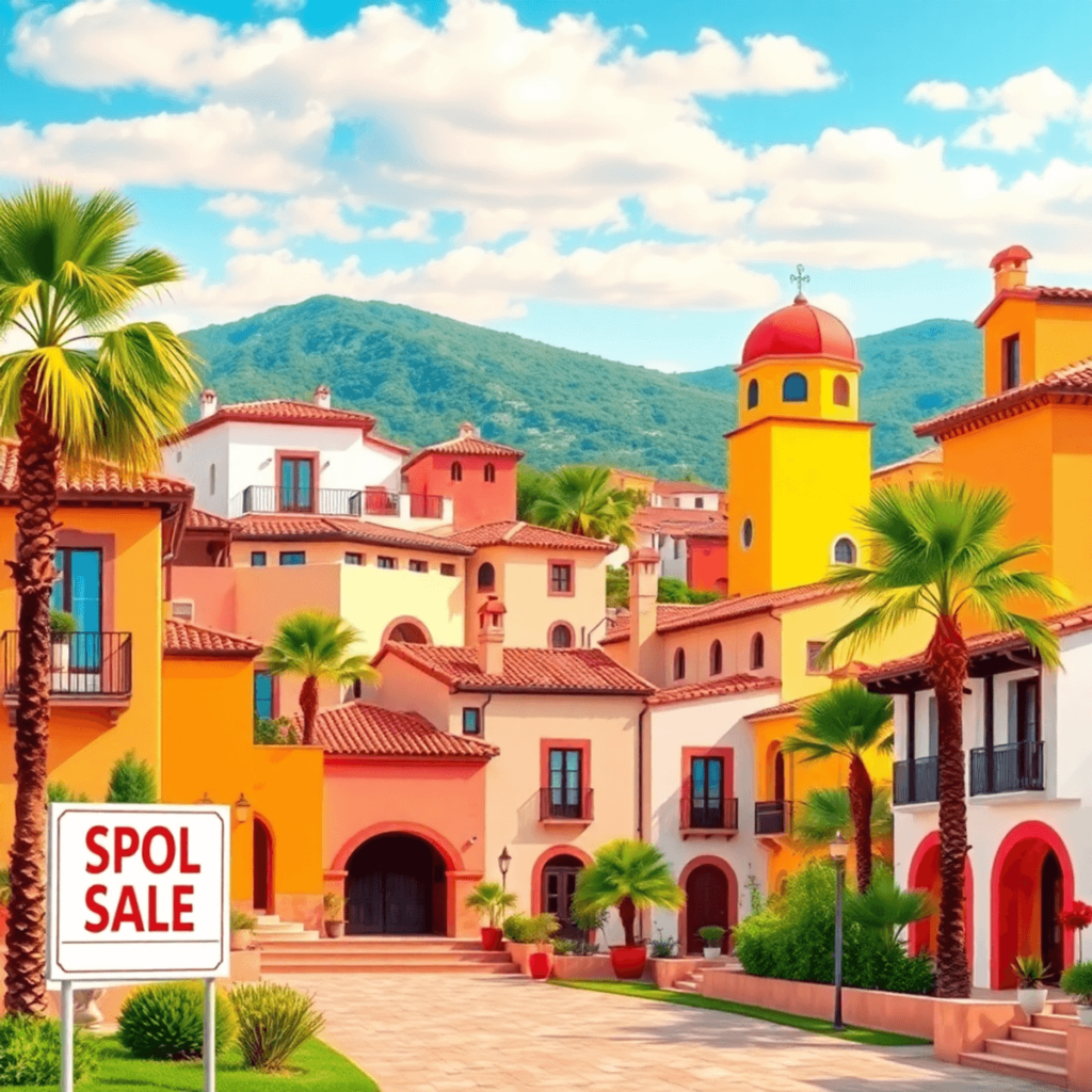 A sunny Spanish landscape showcasing traditional and modern architecture, with palm trees and a 'For Sale' sign in the foreground, highlighting pro...