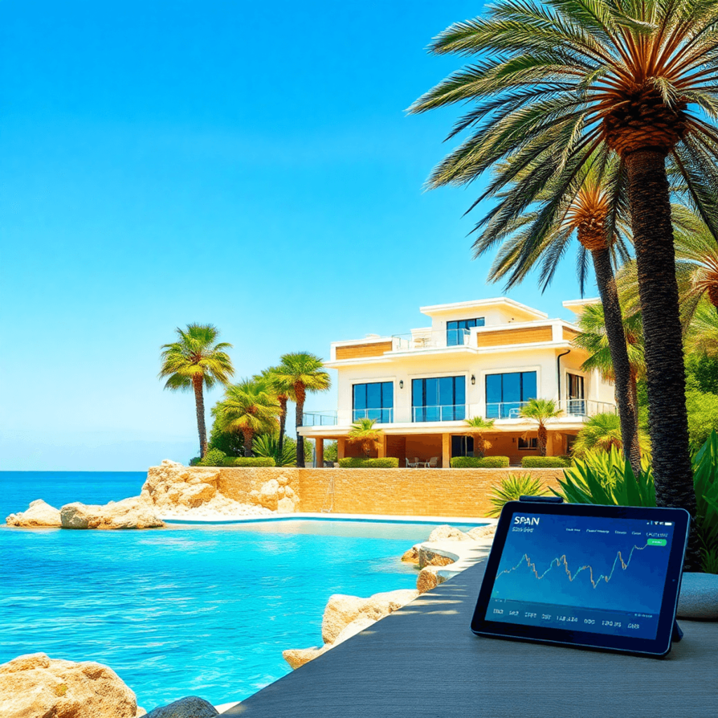 A sunny coastal landscape in Spain featuring a luxury villa with ocean views, palm trees, and a "For Sale" sign alongside a digital tablet showing ...