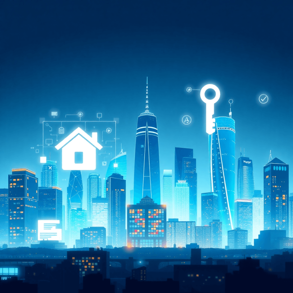 A vibrant city skyline featuring futuristic buildings with digital screens and data graphics, integrated with house icons and keys to symbolize tec...