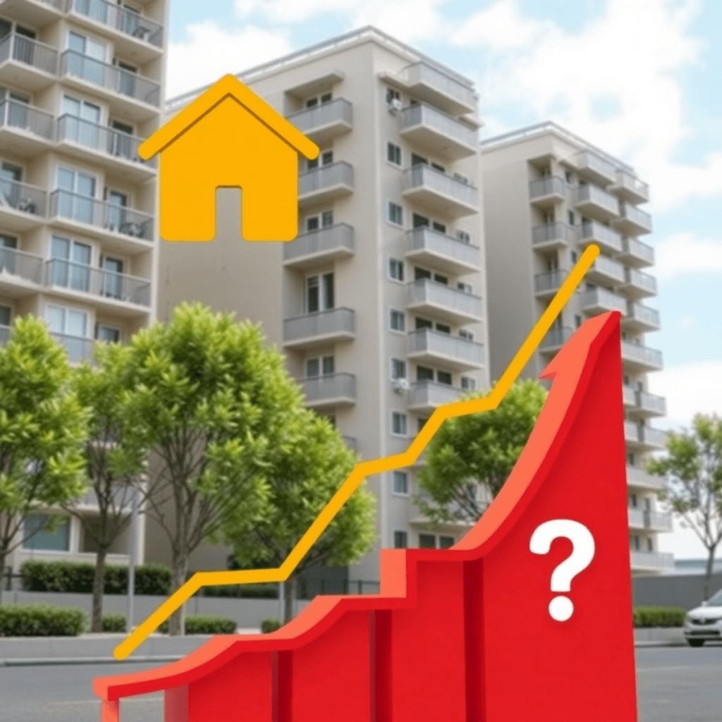 Un gráfico ascendente que ilustra el aumento de los precios de la vivienda en España, con edificios de apartamentos modernos de fondo, que presenta...